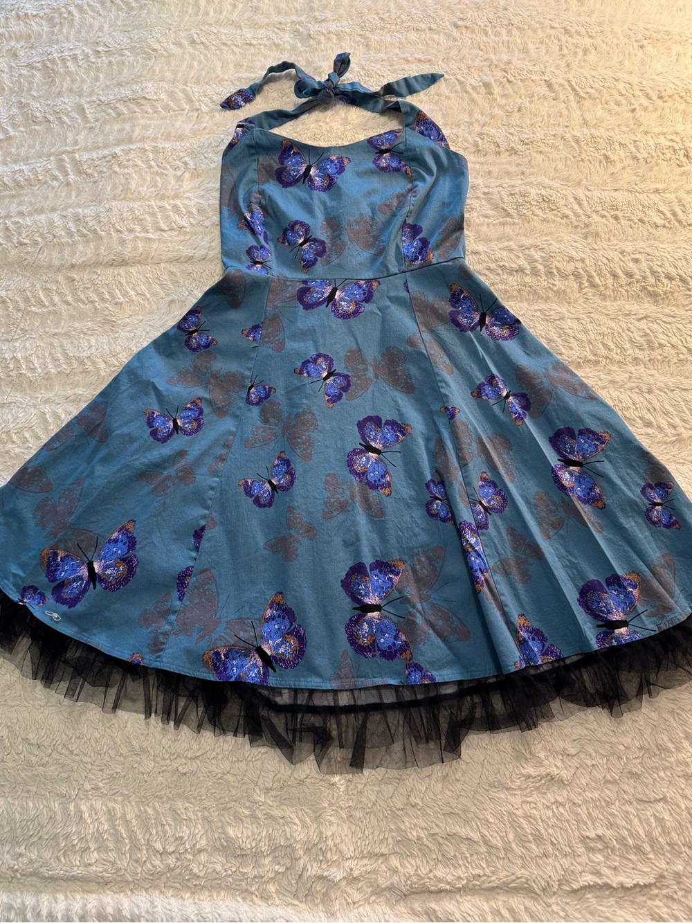 Blue Butterfly Halter Fit-and-Flare Dress